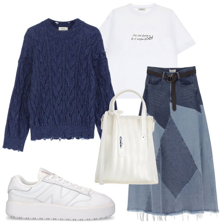 Outfit donna - Intramontabile denim. Stile Casual chic per Tutti i giorni. Abbinamento con borse a mano, gonne longuette, t-shirt, maglieria, sneakers.