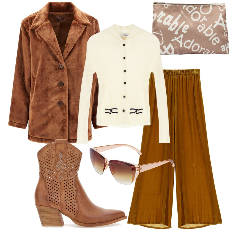 Outfit donna - Total look. Stile Urban per Ufficio. Abbinamento con occhiali da sole, cappotti, pantaloni, cardigans, stivaletti texani, pochette.