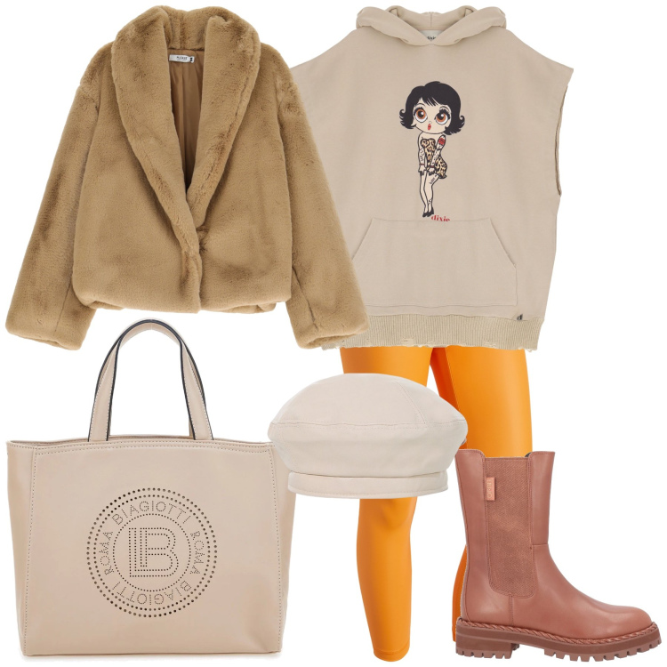 Outfit donna - W la France. Stile Trendy per Tutti i giorni. Abbinamento con stivaletti, ecopellicce, treggings, felpe con cappuccio, cappelli e berretti, borse a tracolla.