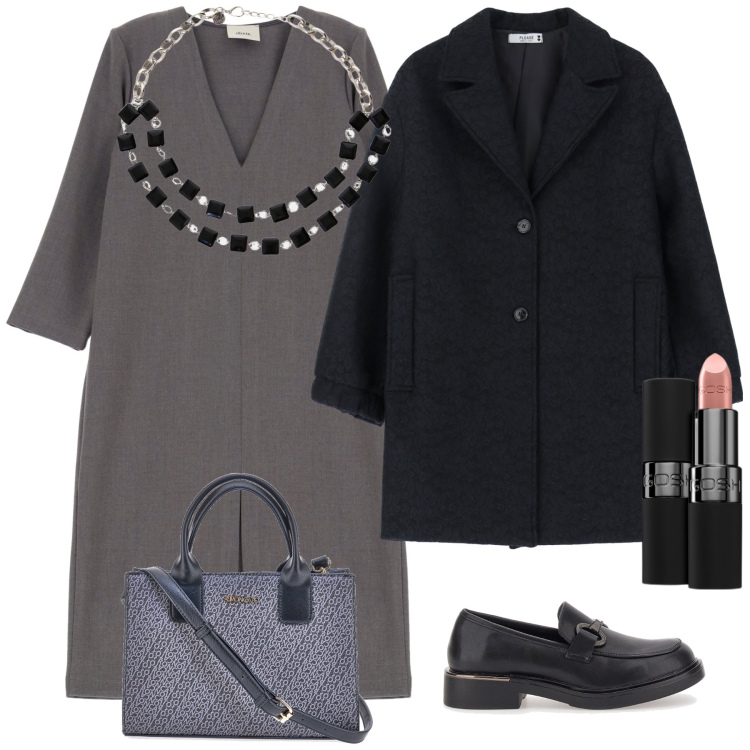 Outfit donna - Città. Stile Minimal per Tutti i giorni. Abbinamento con rossetti, cappotti, vestiti, collane, borse a tracolla, mocassini.