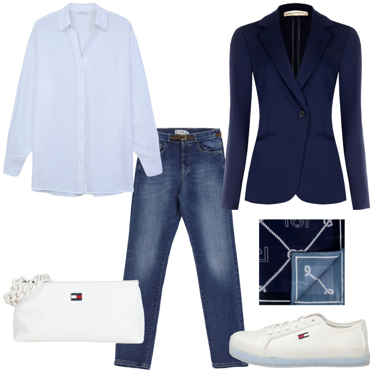 Outfit donna - La camicia oversize passepartout. Stile Chic per Tutti i giorni. Abbinamento con borse a mano, sneakers, camicie, foulard, blazer, jeans slim fit.