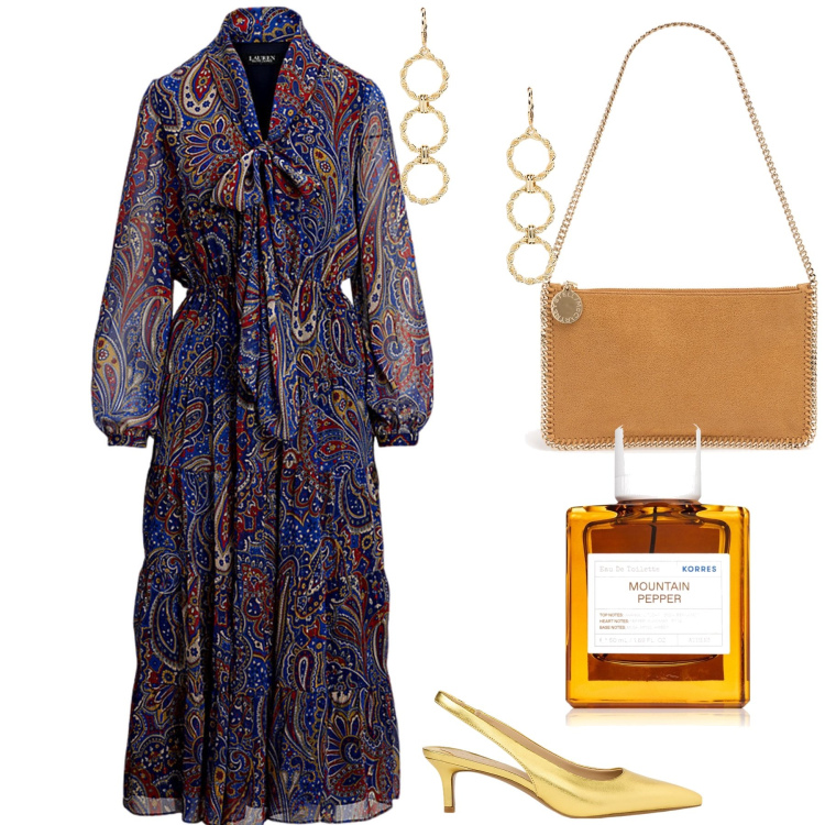 Outfit donna - L abito passepartout. Stile Trendy per Ufficio. Abbinamento con profumi, vestiti, décolleté, orecchini, pochette.