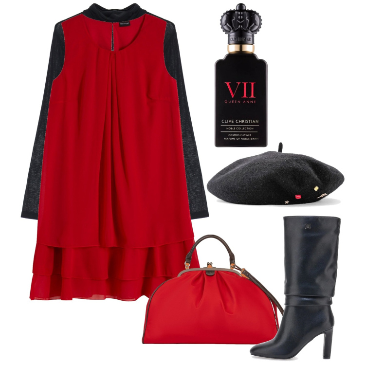 Outfit donna - Rosso 1. Stile Chic per Serata fuori. Abbinamento con cappelli e berretti, vestiti, profumi, maglieria, stivali, borse a spalla.