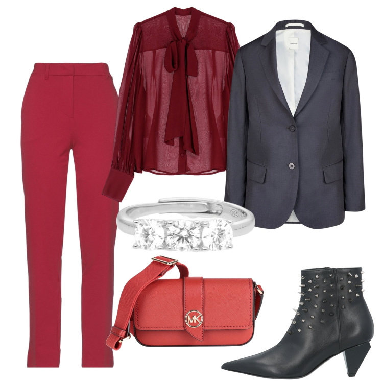 Outfit donna - Rosso 2. Stile Chic per Serata fuori. Abbinamento con stivaletti, borse a tracolla, pantaloni, anelli, camicie, blazer.