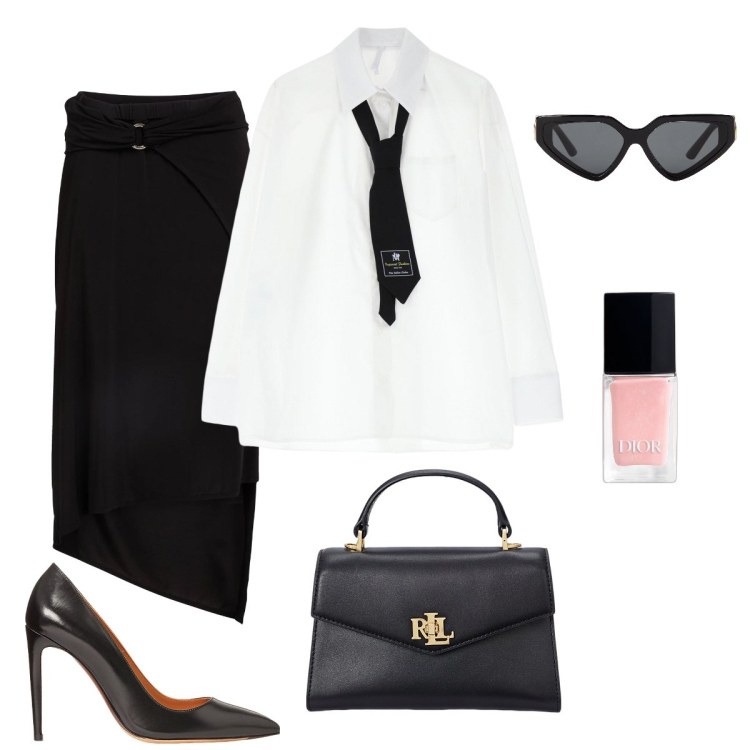 Outfit donna - Alla Fashion Week. Stile Mannish per Tutti i giorni. Abbinamento con gonne longuette, occhiali da sole, smalti, camicie, décolleté, borse a mano.