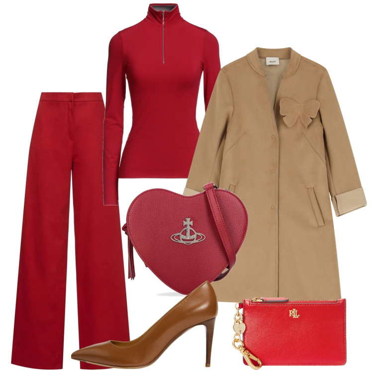 Outfit donna - Rosso 3. Stile Chic per Tutti i giorni. Abbinamento con t-shirt, cappotti, décolleté, portafogli, borse a spalla, pantaloni.