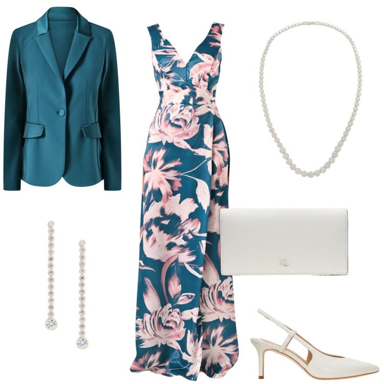 Outfit donna - Aria di primavera. Stile Glamour per Cerimonia. Abbinamento con vestiti lunghi, blazer, décolleté, portafogli, collane, orecchini.