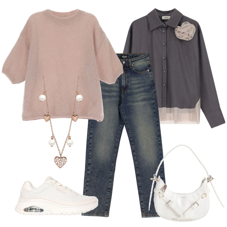 Outfit donna - Romantica in rosa antico. Stile Romantica per Tutti i giorni. Abbinamento con borse a mano, collane, maglieria, camicie, jeans, sneakers.
