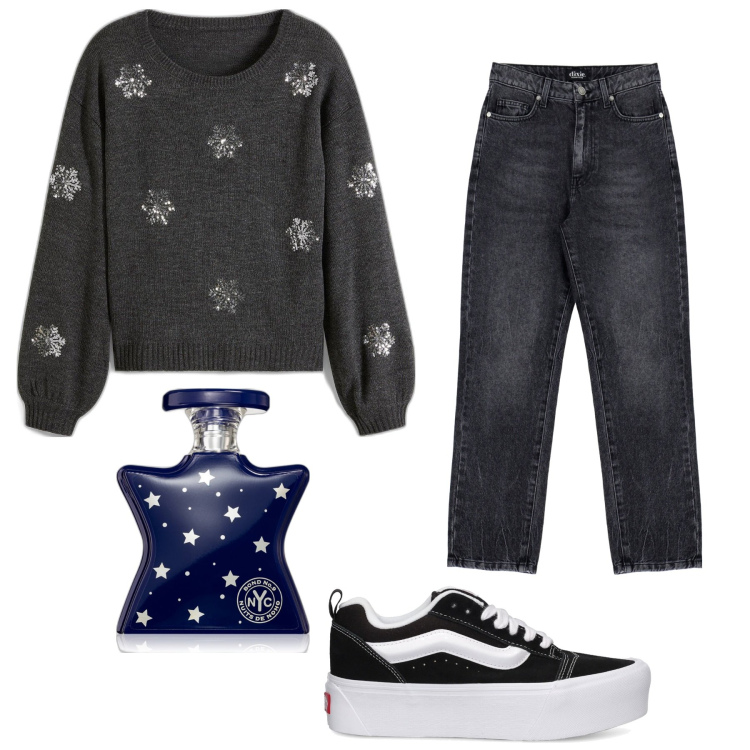 Outfit donna - Let It snow. Stile Casual per Tutti i giorni. Abbinamento con maglieria, profumi, jeans, sneakers.