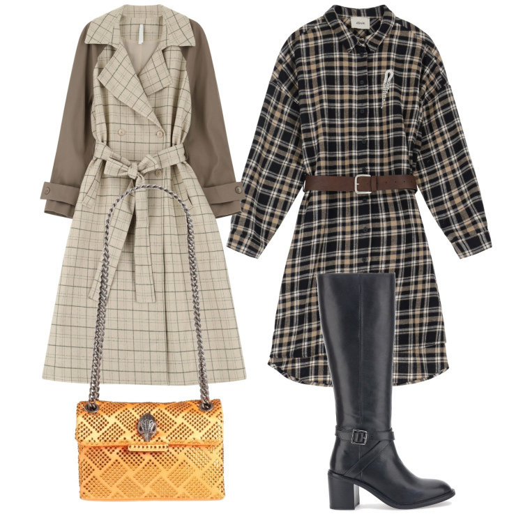 Outfit donna - Borsa miele. Stile Casual chic per Tutti i giorni. Abbinamento con borse a spalla, trench, vestiti corti, stivali.