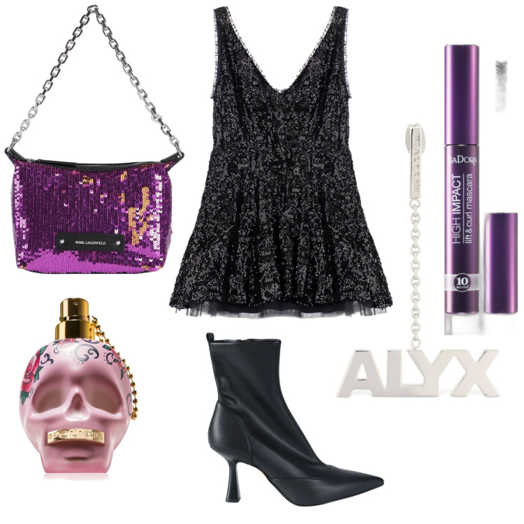 Outfit donna - Musica techno. Stile Glamour per Serata fuori. Abbinamento con borse a mano, stivaletti, mascara, profumi, vestiti corti, orecchini.