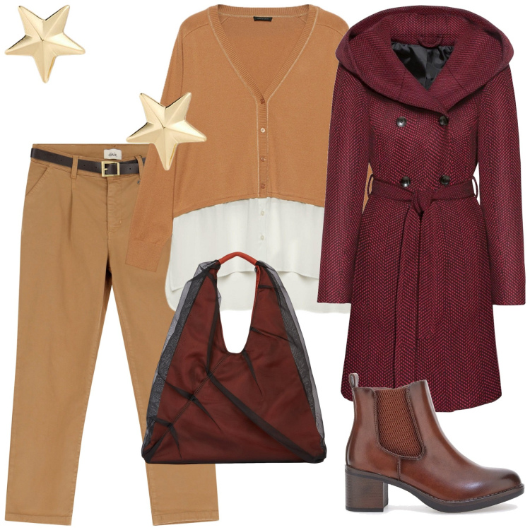 Outfit donna - A spasso per la città. Stile Casual chic per Tutti i giorni. Abbinamento con cappotti, pantaloni chino, orecchini, stivaletti, shopping bag, cardigans.