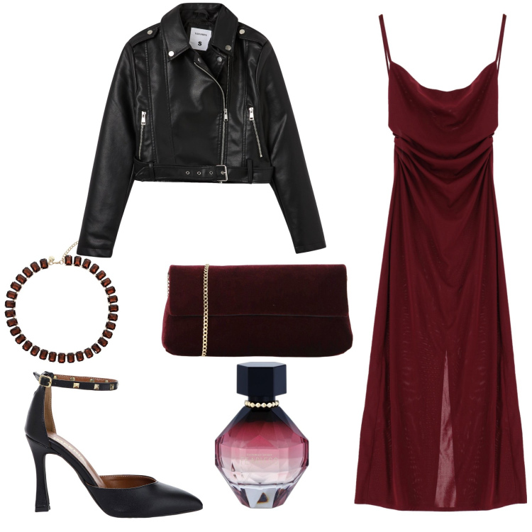 Outfit donna - Outfit rock-romantico. Stile Rock per Serata fuori. Abbinamento con profumi, giacche, vestiti midi/longuette, décolleté, pochette, collane.