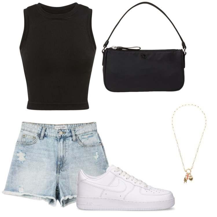 Outfit donna - Total look #2060452. Stile Basic per Tutti i giorni. Abbinamento con shorts, ciondoli, pochette, canottiere, sneakers.