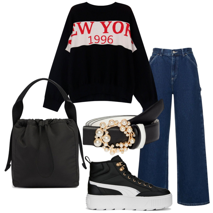 Outfit donna - Urban chic. Stile Urban per Tutti i giorni. Abbinamento con maglieria, sneakers, cinture, pantaloni, borse a mano.