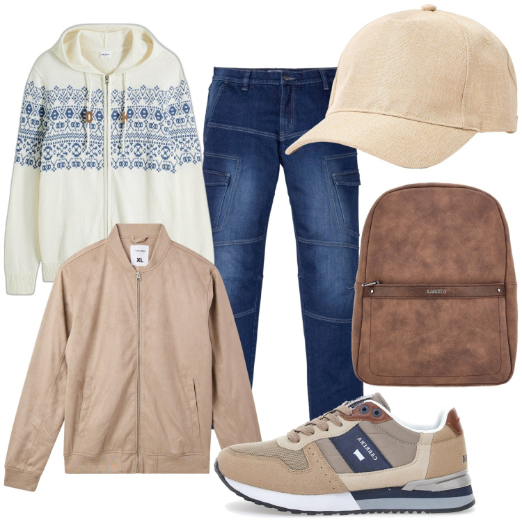 Outfit uomo - In attesa del sole. Stile Urban per Tutti i giorni. Abbinamento con jeans dritti, cardigans, bomber, cappelli, sneakers, borse sportive.