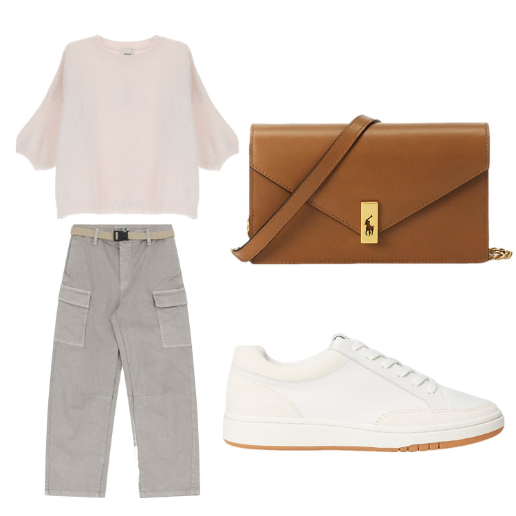Outfit donna - Aperitivo. Stile Trendy per Tutti i giorni. Abbinamento con pantaloni chino, pullovers, sneakers, clutch.