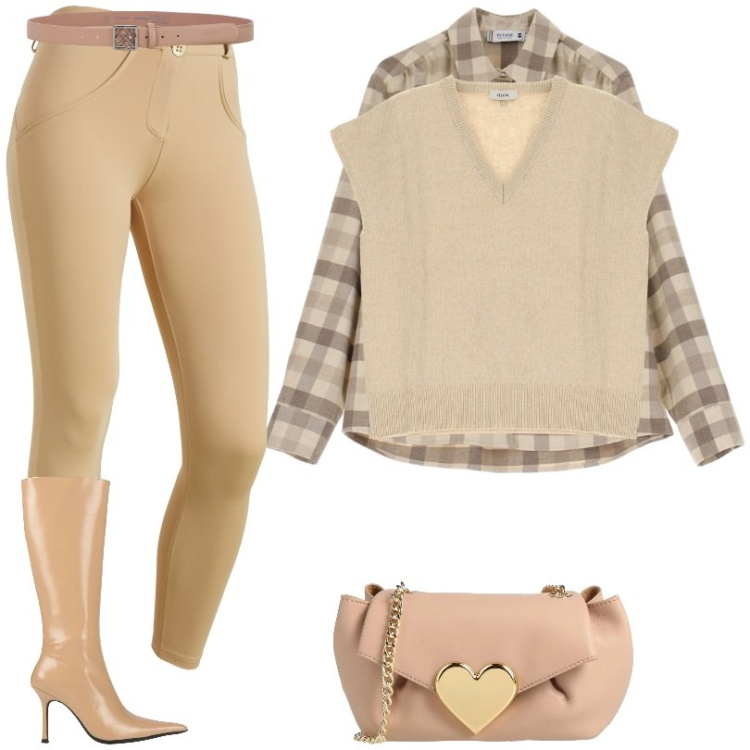 Outfit donna - Discreta e chic. Stile Chic per Tutti i giorni. Abbinamento con borse a tracolla, stivali, camicie, cinture, pantaloni skinny, gilet.