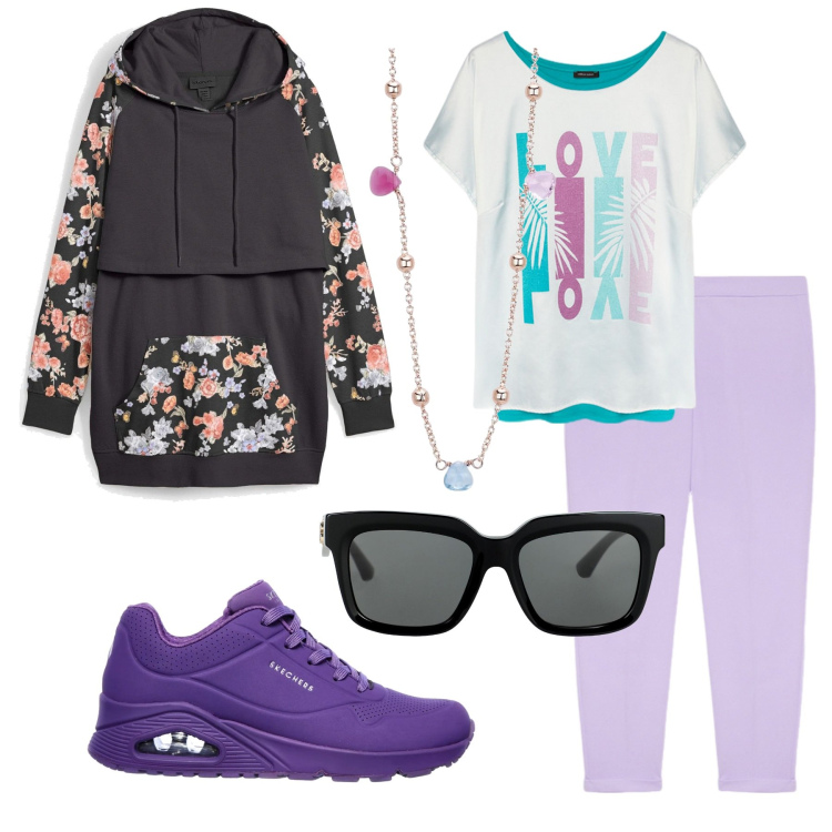 Outfit donna - Scarpe viola. Stile Casual per Tutti i giorni. Abbinamento con felpe, occhiali da sole, collane, sneakers, pantaloni, t-shirt.