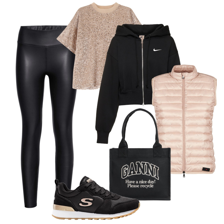 Outfit donna - Contro il freddo: sportiva oro e nero. Stile Urban per Tutti i giorni. Abbinamento con leggings, sneakers, t-shirt, piumini, shopping bag, felpe con cappuccio.