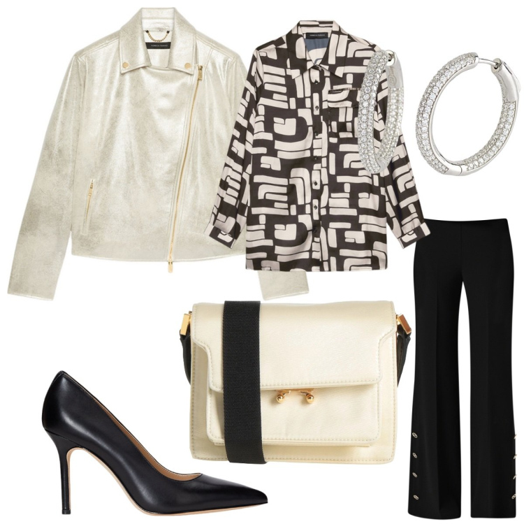 Outfit donna - La camicia oversize passepartout. Stile Casual chic per Serata fuori. Abbinamento con borse a tracolla, orecchini, pantaloni a palazzo, décolleté, camicie, blazer.