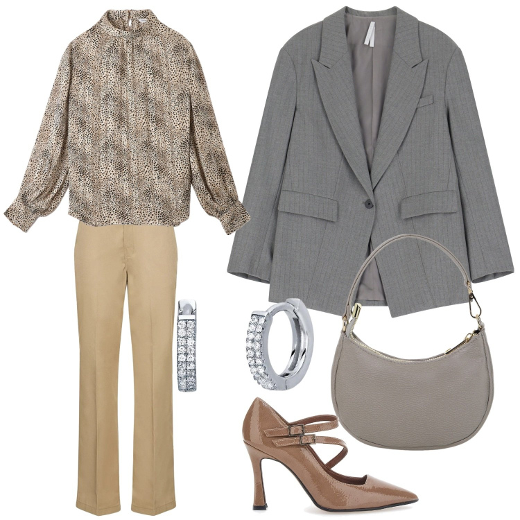 Outfit donna - Total look #2060468. Stile Casual chic per Ufficio. Abbinamento con orecchini, bluse, blazer, borse a spalla, décolleté, pantaloni.