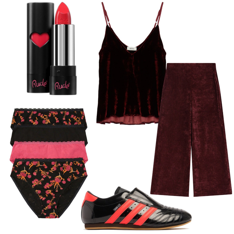 Outfit donna - Red velvet. Stile Glamour per Serata fuori. Abbinamento con culotte, rossetti, pantaloni, canottiere, sneakers.