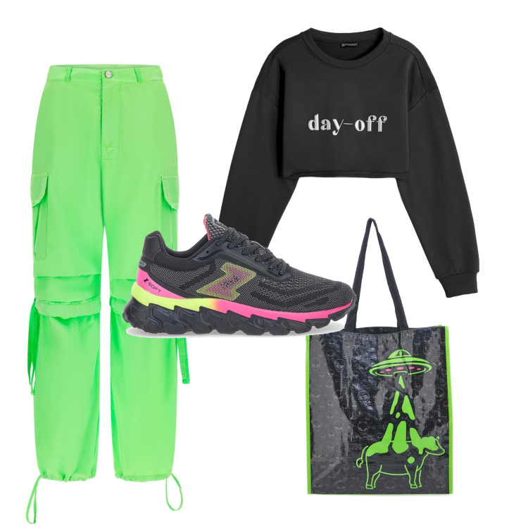 Outfit donna - Ufo. Stile Urban per Tutti i giorni. Abbinamento con pantaloni cargo, felpe, sneakers, shopping bag.