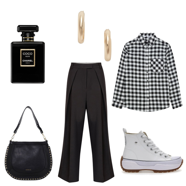 Outfit donna - Total look #2060475. Stile Casual per Tutti i giorni. Abbinamento con profumi, camicie, borse a spalla, orecchini, sneakers, pantaloni.