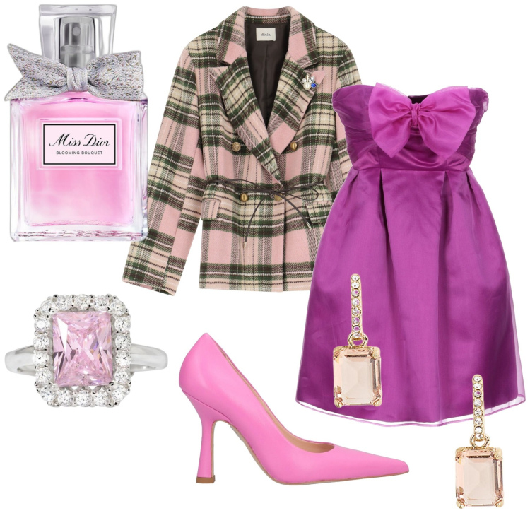 Outfit donna - Miss Dior. Stile Trendy per Cerimonia. Abbinamento con décolleté, vestiti corti, profumi, anelli, blazer, orecchini.