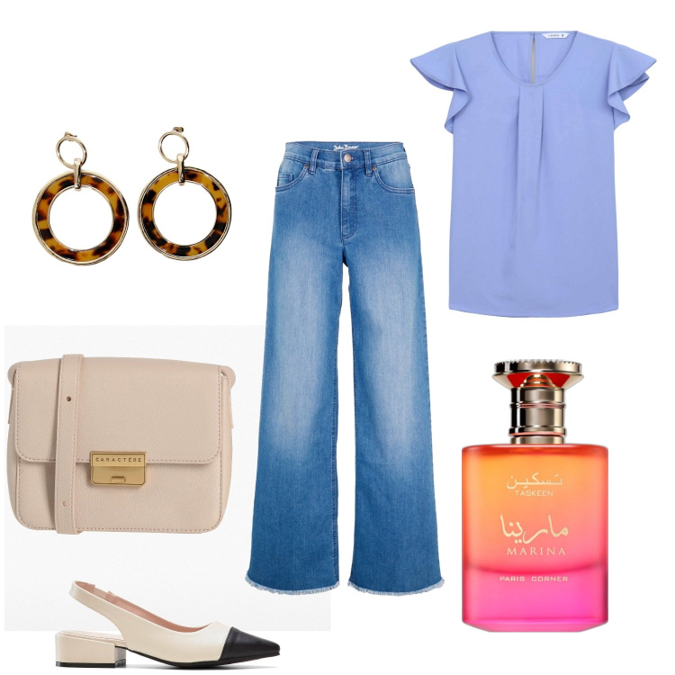 Outfit donna - Total look #2060480. Stile Casual per Ufficio. Abbinamento con jeans, décolleté, borse a tracolla, profumi, bluse, orecchini.