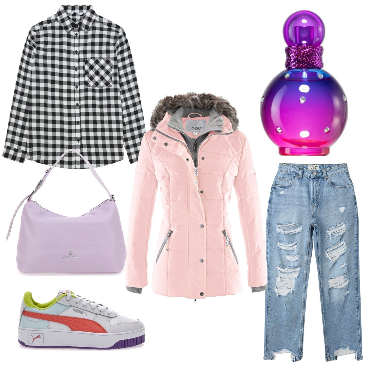 Outfit donna - Total look #2060483. per Tutti i giorni. Abbinamento con piumini, profumi, jeans dritti, camicie, sneakers, borse a tracolla.