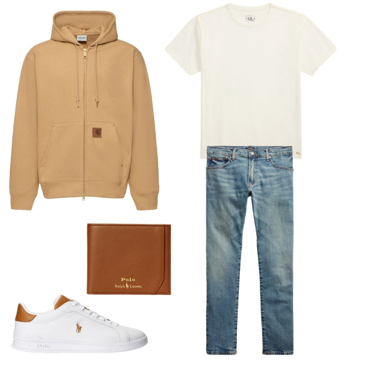 Outfit uomo - Sneakers bianche. Stile Casual per Ufficio. Abbinamento con jeans, sneakers, t-shirt, portafogli, felpe con cappuccio.
