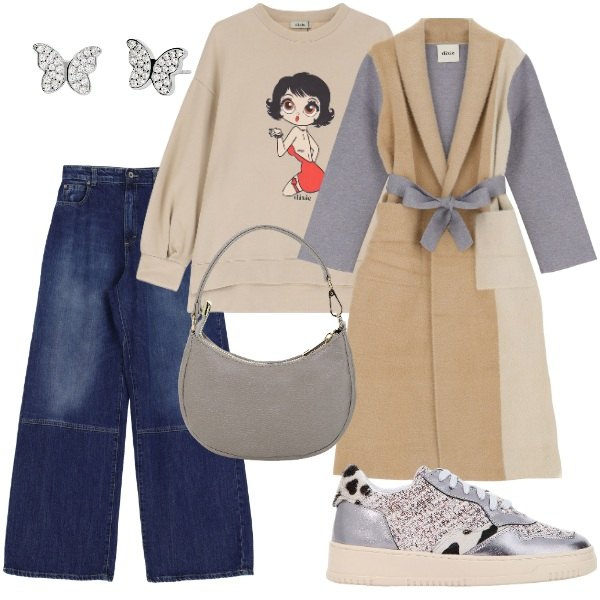 Outfit donna - A spasso per la città. Stile Casual per Tutti i giorni. Abbinamento con orecchini, jeans a zampa, sneakers, felpe, cappotti, borse a spalla.