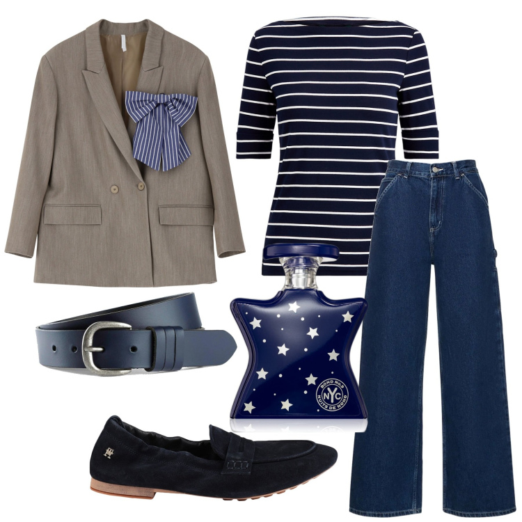 Outfit donna - Marinier. Stile Casual chic per Ufficio. Abbinamento con cinture, mocassini, profumi, blazer, maglieria, pantaloni.