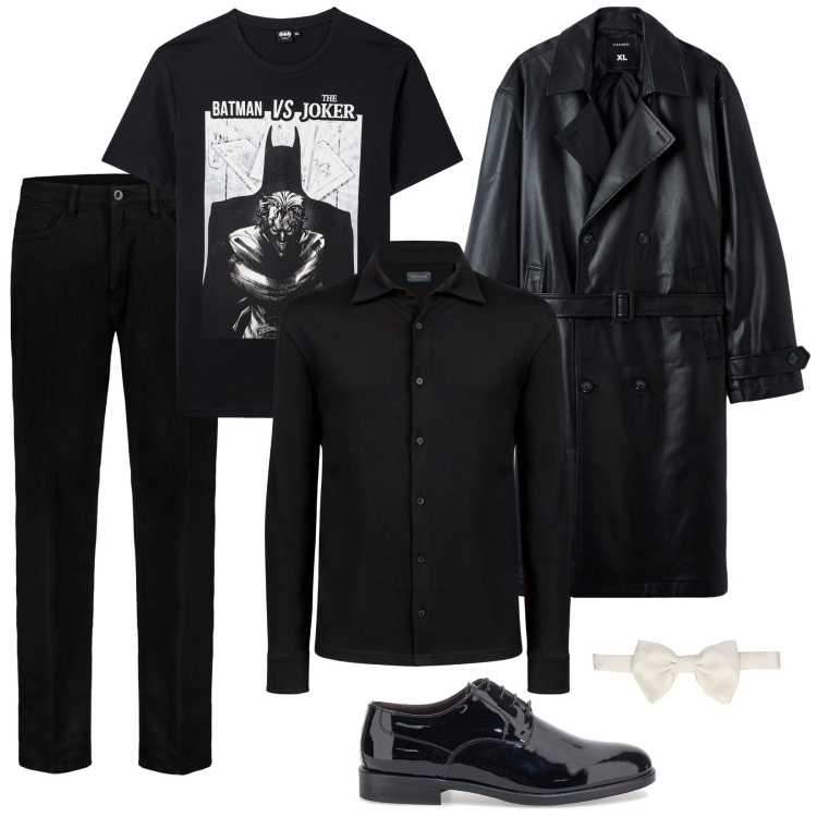 Outfit uomo - Total look #2060500. Stile Urban per Serata speciale. Abbinamento con t-shirt, trench, scarpe stringate, pantaloni, papillon, polo.