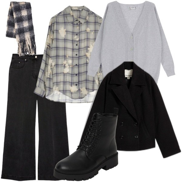 Outfit donna - Total look #2060502. Stile Basic per Tutti i giorni. Abbinamento con caban, anfibi, cardigans, camicie, sciarpe, jeans.