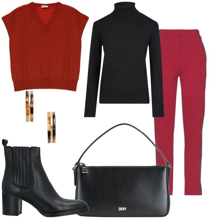 Outfit donna - In ufficio calda calda. Stile Trendy per Ufficio. Abbinamento con pantaloni, borse a mano, stivaletti, gilet, orecchini, maglieria.