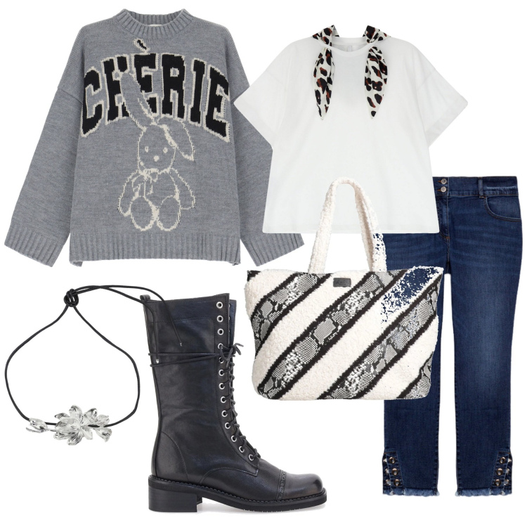 Outfit donna - Zebrato. Stile Casual per Tutti i giorni. Abbinamento con borse a mano, t-shirt, collane, maglieria, anfibi, jeans skinny.