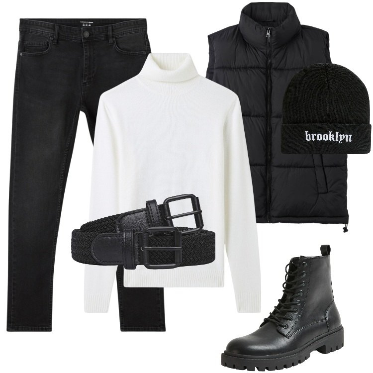 Outfit uomo - Total look #2060510. Stile Urban per Tutti i giorni. Abbinamento con jeans skinny, maglieria, berretti, piumini, anfibi, cinture.