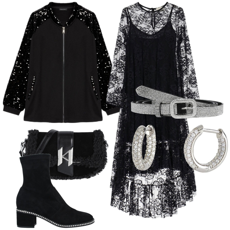 Outfit donna - Silver black. Stile Glamour per Serata fuori. Abbinamento con stivaletti, borse a spalla, cinture, orecchini, vestiti, felpe.