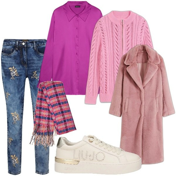 Outfit donna - Sfumature di colore. Stile Casual per Tutti i giorni. Abbinamento con jeans, ecopellicce, cardigans, sneakers, sciarpe, camicie.