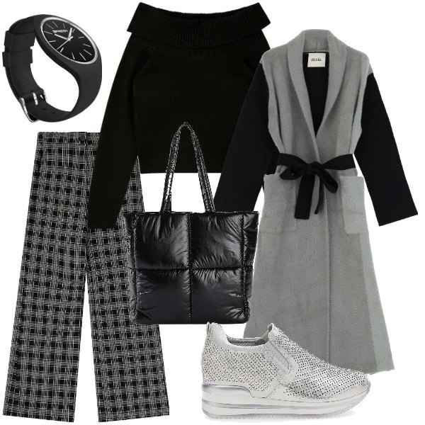 Outfit donna - Total look #2060514. Stile Casual per Ufficio. Abbinamento con shopping bag, maglieria, pantaloni a palazzo, cappotti, orologi, sneakers.