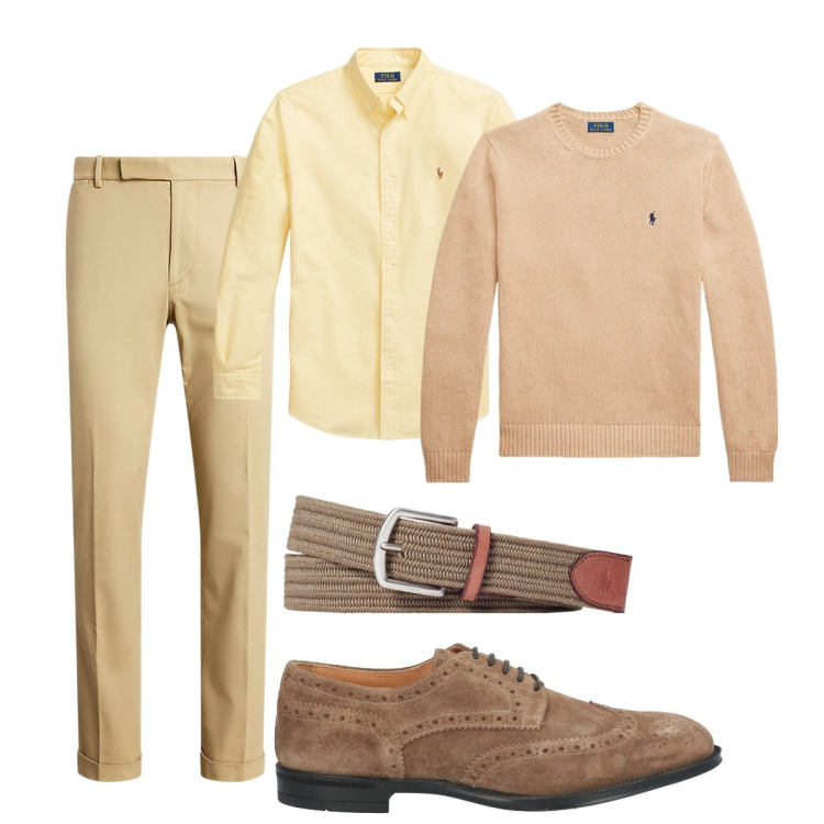 Outfit uomo - Total look #2060518. Stile Trendy per Ufficio. Abbinamento con scarpe stringate, camicie, pantaloni chino, maglieria, cinture.