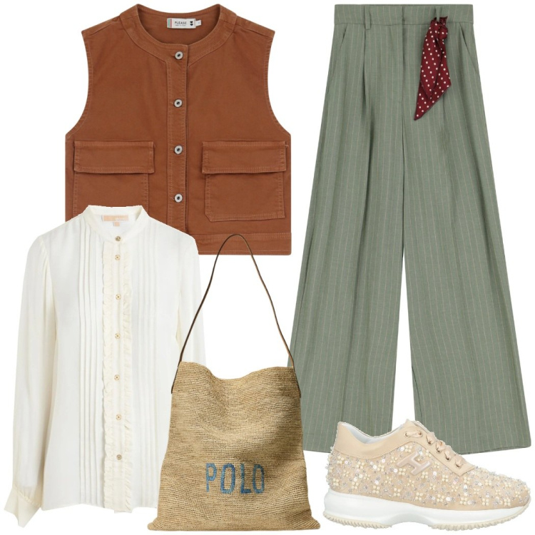 Outfit donna - Shopping. Stile Casual chic per Tutti i giorni. Abbinamento con sneakers, camicie, gilet, pantaloni a palazzo, borse tote.