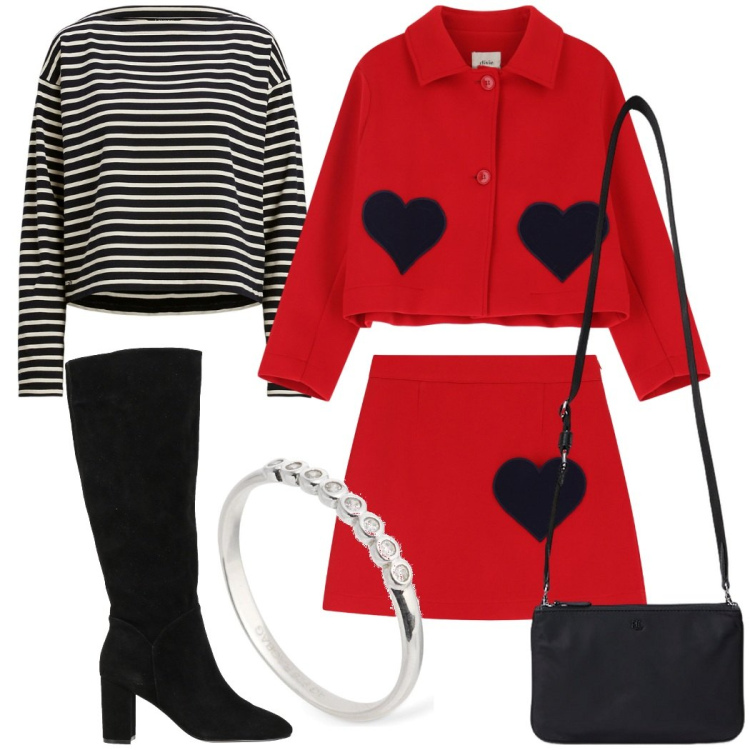 Outfit donna - San Valentino. Stile Romantica per Serata fuori. Abbinamento con stivali, blazer, minigonne, borse a tracolla, t-shirt, anelli.
