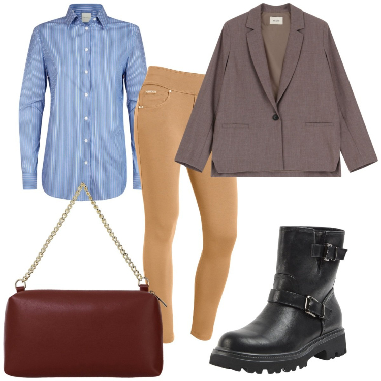 Outfit donna - Total look #2060554. Stile Minimal per Tutti i giorni. Abbinamento con stivaletti, borse a tracolla, blazer, pantaloni skinny, camicie.