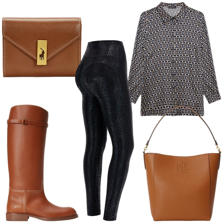 Outfit donna - Total look #2060559. Stile Trendy per Tutti i giorni. Abbinamento con pantaloni skinny, portafogli, stivali, borse a secchiello, camicie.
