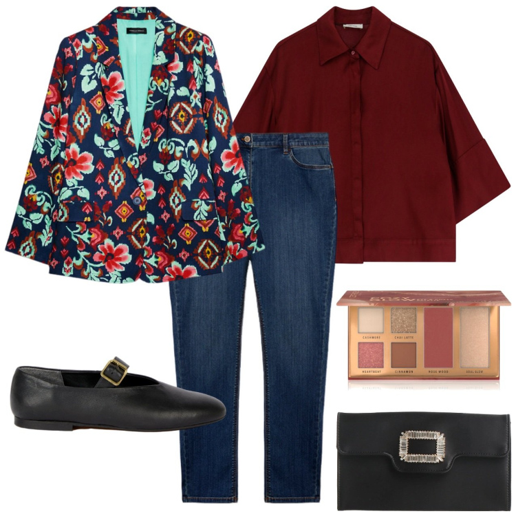 Outfit donna - Camicia bordeaux. Stile Casual per Scuola/Università. Abbinamento con borse a mano, blush, camicie, blazer, ballerine, jeans skinny.