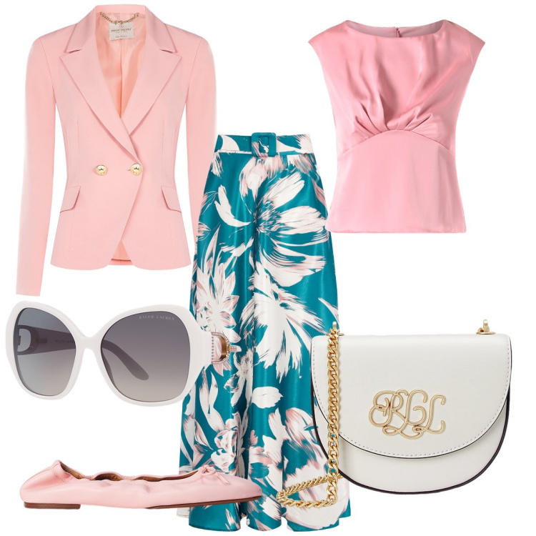 Outfit donna - Outfit fresco. Stile Romantica per Cerimonia. Abbinamento con gonne, top, blazer, borse a tracolla, occhiali da sole, ballerine.